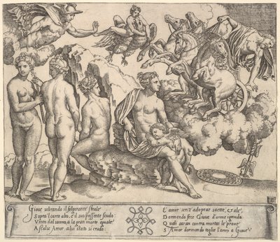 Jobbra lovaskocsiról zuhanó Jupiter, Ganymedes sas alakban..., 1530-60. alkotó: Master of the Die