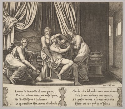 10. tábla: nimfák segítik Psychét a haja felöltöztetésében, a Psyche meséjéből, 1530-60. alkotó: Master of the Die