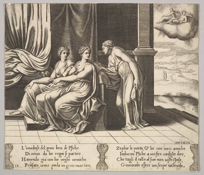 12. tábla: Psyché nővérei rábeszélik, hogy egy kígyó alszik vele, a Mese..., 1530-60-ból. alkotó: Master of the Die