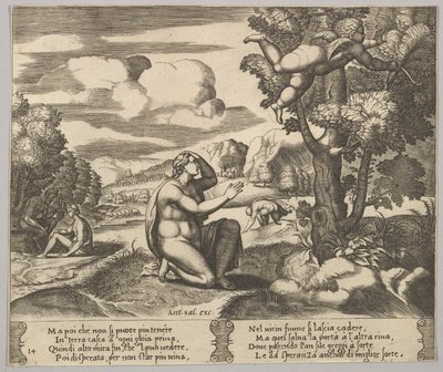 14. tábla: Ámor levegőben menekül a Psyche elől, a „The Fable of Psyche”, 1530-60. alkotó: Master of the Die
