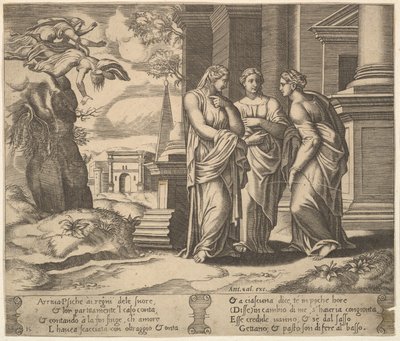 15. tábla: Psyche elmondja szerencsétlenségeit nővéreinek, a Psyche meséjéből, 1530-60. alkotó: Master of the Die
