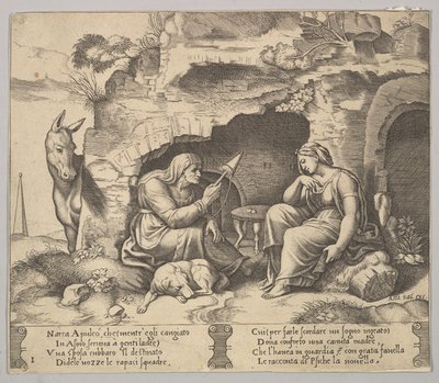 1. tábla: Apuleius szamárrá változott, aki az öregasszony sp..., 1520-70 történetét hallgatja. alkotó: Master of the Die