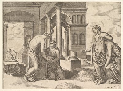 22. tábla: Vénusz megparancsolja Psychének, hogy válasszon ki egy halom gabonát, a „Psyche meséjéből”, 1530-60. alkotó: Master of the Die
