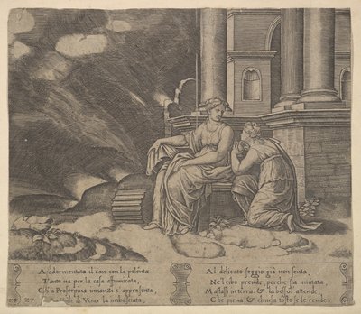 27. tábla: Proserpina Psychének adja a szépség dobozát, a „The Fable of Cupid and Psyche”, 1530-60. alkotó: Master of the Die