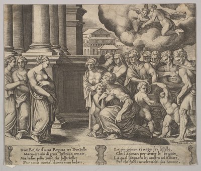 2. tábla: a Psychének isteni tiszteletet adó emberek, a Psyché meséjéből, 1530-60. alkotó: Master of the Die
