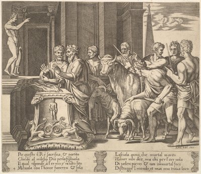 4. tábla: Psyche apja tanácsot ad az orákulumnak, „The Fable of Psyche”, 1530-60. alkotó: Master of the Die