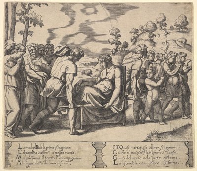 5. tábla: Psyche hordott egy almot, az „Ámor és psziché meséjéből”, 1530-60. alkotó: Master of the Die