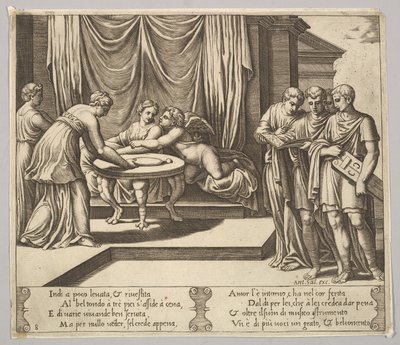 8. tábla: Asztalnál ülő psziché, akit láthatatlan szolgák kísérnek, Eros a g... mellett, 1530-60. alkotó: Master of the Die