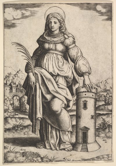 Szent Borbála áll, tenyérrel a jobb kezében, bal kezét egy toronyra támasztja, 1530-60. alkotó: Master of the Die