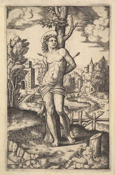 Szent Sebestyén nyilakkal áttört fához kötve, 1530-60. alkotó: Master of the Die