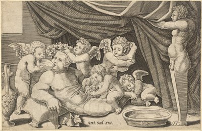 Római nagyszerűség tükre: Bacchus Puttival körülvéve Priapus kezével ..., 16. század. alkotó: Master of the Die