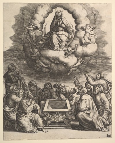 Szűz mennybemenetele, alatta az apostolok veszik körül a sírt, 1530-60. alkotó: Master of the Die
