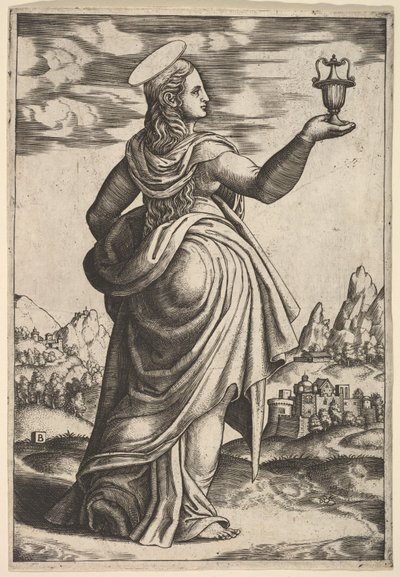 A Magdolna jobbra fordulva, felemelt jobb kezében tégely, 1530-60. alkotó: Master of the Die