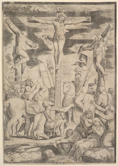 A százados megtérése, aki széttárja karjait Krisztus előtt a kereszten, 1532. alkotó: Master of the Die