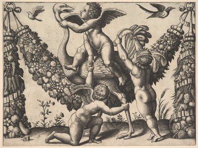 Három putti egy nagy füzér előtt, a középső struccot lovagol, egy ..., kb. 1530-40. alkotó: Master of the Die