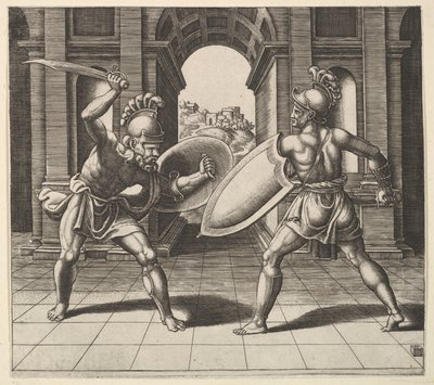 Két gladiátor harcol egy boltív előtt, 1530-60. alkotó: Master of the Die