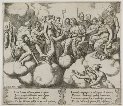 Vénusz és Ámor ügyüket könyörögve Jupiter és más istenek jelenlétében alkotó: Master of the Die