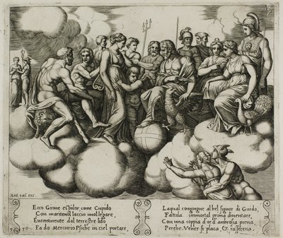 Vénusz és Ámor ügyüket könyörögve Jupiter és más istenek jelenlétében alkotó: Master of the Die