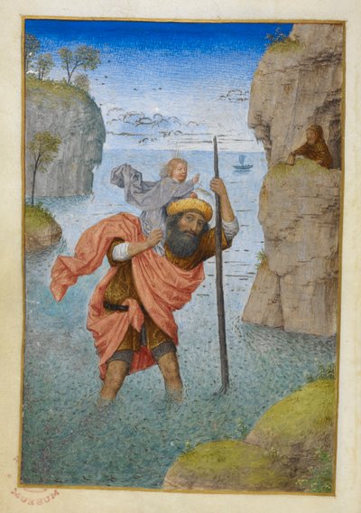 Szent Kristóf, aki a gyermek Krisztust hordozza. alkotó: Master of the Dresden Prayer Books