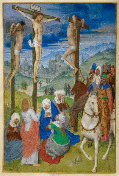 A keresztre feszítés. Kereszt órái. Krisztus a kereszten a két tolvaj között, több alakkal; három lóháton. Szent János áll, a Szűz és a Három Mária pedig a kereszt lábánál ül. A háttérben Jeruzsálem kilátása. alkotó: Master of the Dresden Prayer Books
