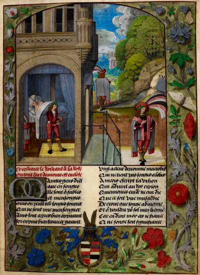 A szerető alszik, felkel és a szerelem kertjébe megy a "Le Roman de la Rose"-ból alkotó: Master of the Dresden Prayer Books