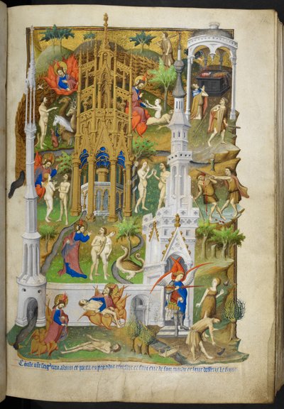 add_ms_18850_f014r Jelenetek a teremtésből és a bukásból, a „The Bedford Hours”-ból alkotó: Master of the Duke of Bedford