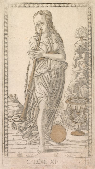 Calliope a Tarocchi D sorozatból: Apollo and the Muses, 11. szám, 1467 előtt. alkotó: Master of the E Series Tarocchi