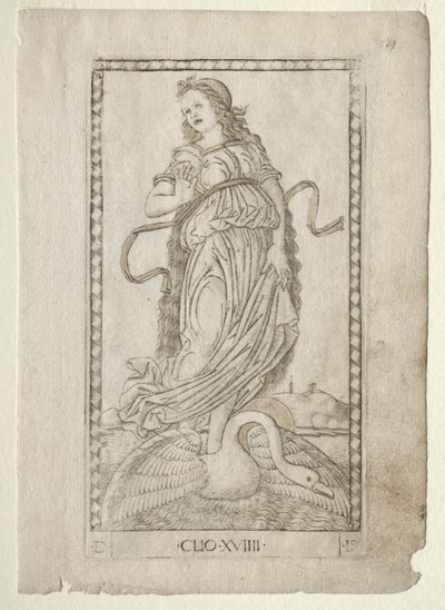 Clio története a Tarocchi sorozatból D: Apollo and the Muses, #19, 1467 előtt. alkotó: Master of the E Series Tarocchi