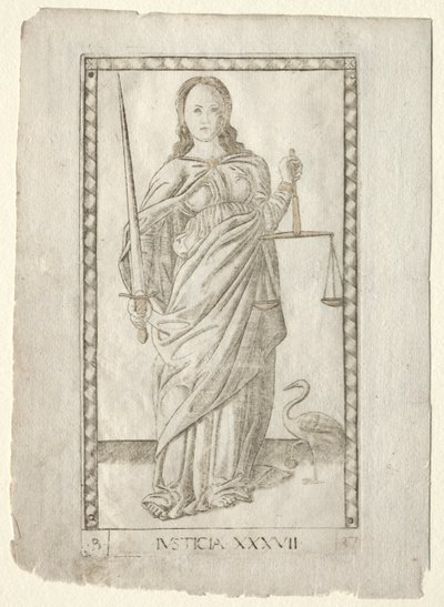 Justice from the Tarocchi, B sorozat: Cosmic Principles & Virtues, 37. szám, 1467 előtt. alkotó: Master of the E Series Tarocchi