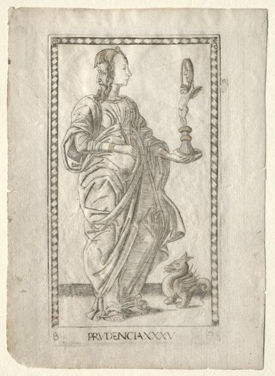 Prudence from the Tarocchi, B sorozat: Cosmic Principles & Virtues, 35. szám, 1467 előtt. alkotó: Master of the E Series Tarocchi