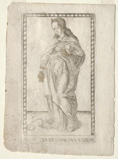 Mértékletesség (a Tarocchiból, B sorozat: Kozmikus alapelvek és erények, 34. szám) alkotó: Master of the E Series Tarocchi