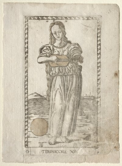 Terpsichore tánc és dal a Tarocchi D... sorozatból, 1467 előtt. alkotó: Master of the E Series Tarocchi