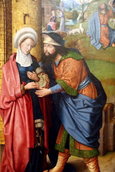 Evora Múzeum. Az Evora oltárkép mestere. Joachim és Anna találkozása az Aranykapu előtt. Olaj a panelen. Flamand iskola 1500. Portugália. alkotó: Master of the Evora Altarpiece