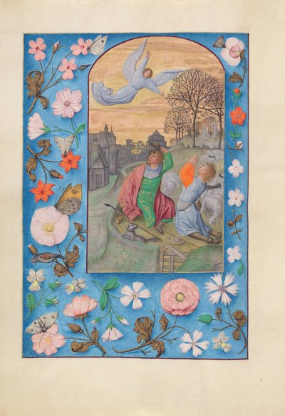 Izabella katolikus királynő, Spanyolország királynőjének órái:  Fol. 131v, A pásztoroknak szóló hirdetés. alkotó: Master of the First Prayerbook of Maximillian