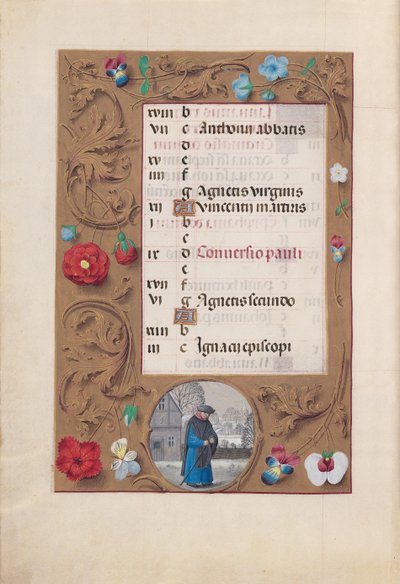 Izabella katolikus királyné, spanyol királynő órái: Fol. 2v, január - Havas táj, c. 1500. alkotó: Master of the First Prayerbook of Maximillian
