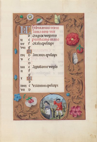 Izabella katolikus királyné, spanyol királynő órái: Fol. 3r, február, c. 1500. alkotó: Master of the First Prayerbook of Maximillian