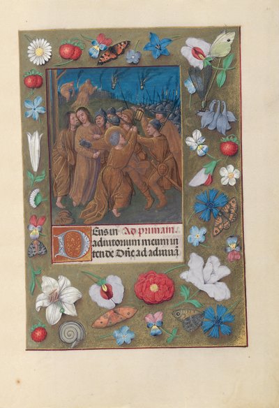 Izabella katolikus királyné, spanyol királynő órái: Fol. 61r, Júdás csókja, c. 1500. alkotó: Master of the First Prayerbook of Maximillian