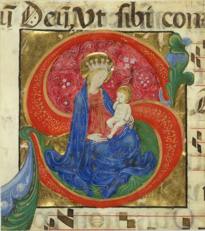 Kéziratos megvilágítás a Szűzanyával és a Gyermekkel S-betűvel, egy antifóniából, 15. század közepe alkotó: Master of the Franciscan Breviary