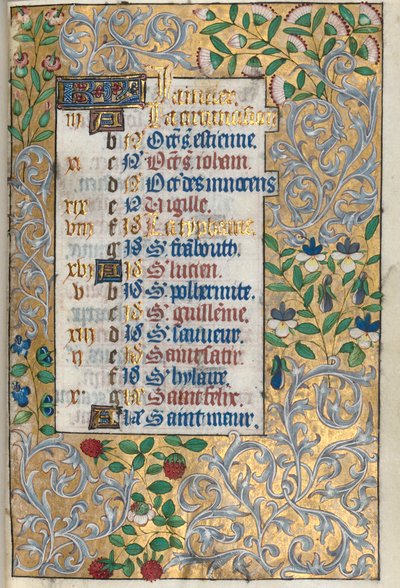 Órakönyv Rouen használata: fol. 1r, Kidolgozott foltos szegély, c. 1470. alkotó: Master of the Geneva Latini