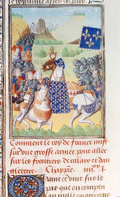 Harley 4380 fol.196v VI. Károly francia király (1366-1422) egy expedíciót vezet Calais ellen Jean Froissart (kb. 1333-1404) „Froissart krónikái” IV. kötetének 2. részéből (vellum) alkotó: Master of the Harley Froissart