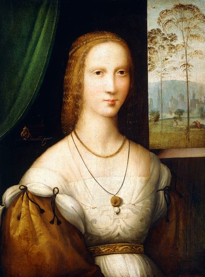 Félhosszú hölgy portréja, arany ujjú fehér ruhát visel alkotó: Master of the Leonardesque Female Portraits