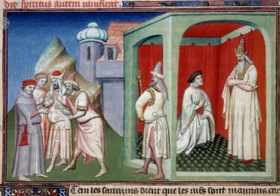 Mandeville János és a szultán. A keresztények és a muszlimok közötti vita, amelyet Jean de Mandeville, liege-i felfedező (1300-1372) és a szaracének szultánja képvisel. Miniatűr a „” A világ csodáinak könyvében”” Ms. 2810 Folio 175v. Kézirat alkotó: Master of the Mazarine