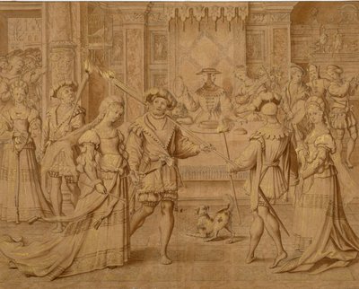 „Petit Patron” a „January” teljes méretű gobelin-rajzfilmjéhez (fekete kréta és barna mosás arannyal a papíron) alkotó: Master of the Months of Lucas
