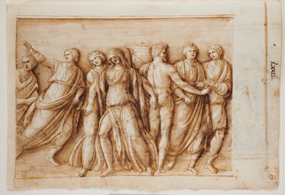 Folio 61, recto: Meleager visszatérése egy római szarkofágból, Róma, Palazzo Barberini, 1512–1517 körül (toll és barna tinta barna mosással) alkotó: Master of the Oxford Album