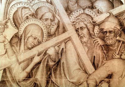 Narbonne paramentuma: a keresztjét hordozó Krisztus (grisaille selyemen alkotó: Master of the Parement of Narbonne