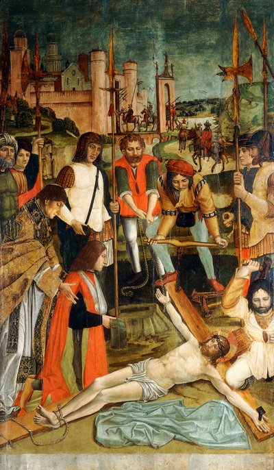 Krisztus a keresztre szegezve egy adományozóval egy pap által bemutatott hevederben alkotó: Master of the Pavia Deposition