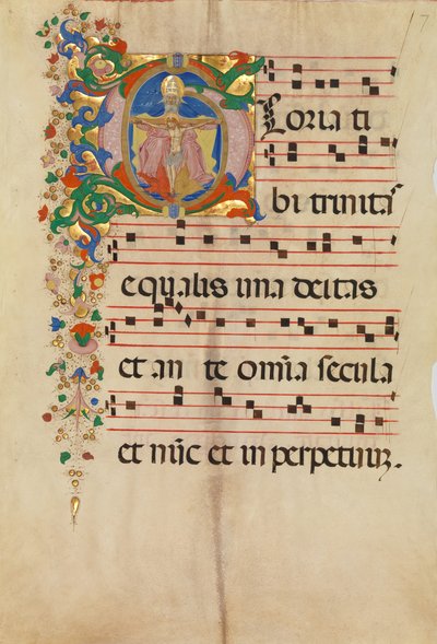 Kéziratos levél a Szentháromsággal G-betűvel, egy antifóniából, 15. század második fele. alkotó: Master of the Riccardiana Lactantius