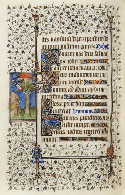 Ms 62 f.132v Szárnyas figura fa tetején, karddal átlyukasztott könyvvel, Guillaume de Deguilleville 1350, 1417-es „Szentlélek órái” című művéből (tinta és aranylevél pergamenen) alkotó: Master of the Rohan Hours