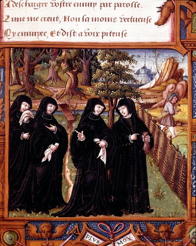 Angoulemai Margarita navarrai királynő (1492-1549) ábrázolása társaival beszélgetve. Oldal az Angoulemai Margarita „” La coche ou Debat d