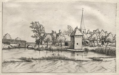 A brabanti és a campine-i falvak kilátásai: Egy árkos falu, c. 1561. alkotó: Master of the Small Landscapes